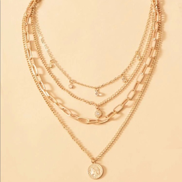 New 18k Gold Tone Layered Necklace Chocker Pendant - Picture 3 of 4